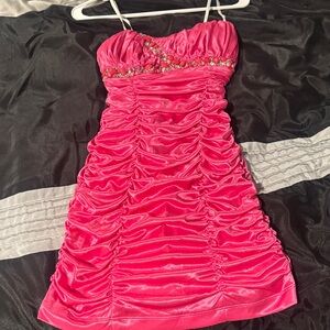 Hot Pink Ruched Satin Mini Dress with Beaded Bust
